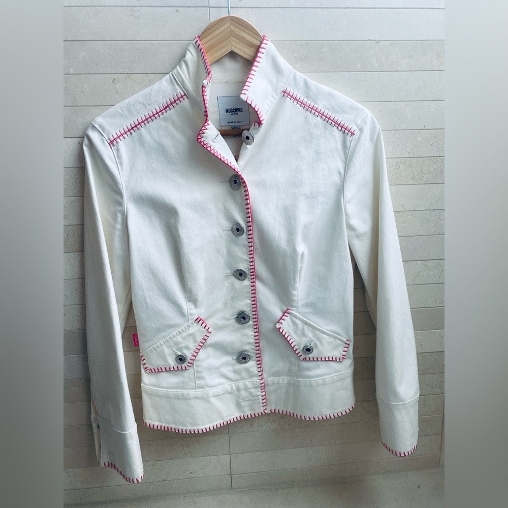 Moschino jacket gently worn by Moschino Jeans; off white with pink stitching